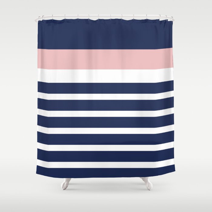 Cheerful Striped Pattern in Navy Blue, Pink, and White Shower Curtain Gallery Image 1