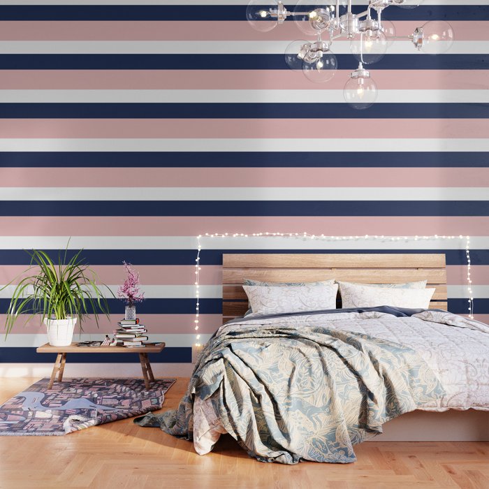 Cheerful Striped Pattern in Navy Blue, Pink, and White Wallpaper Gallery Image 3