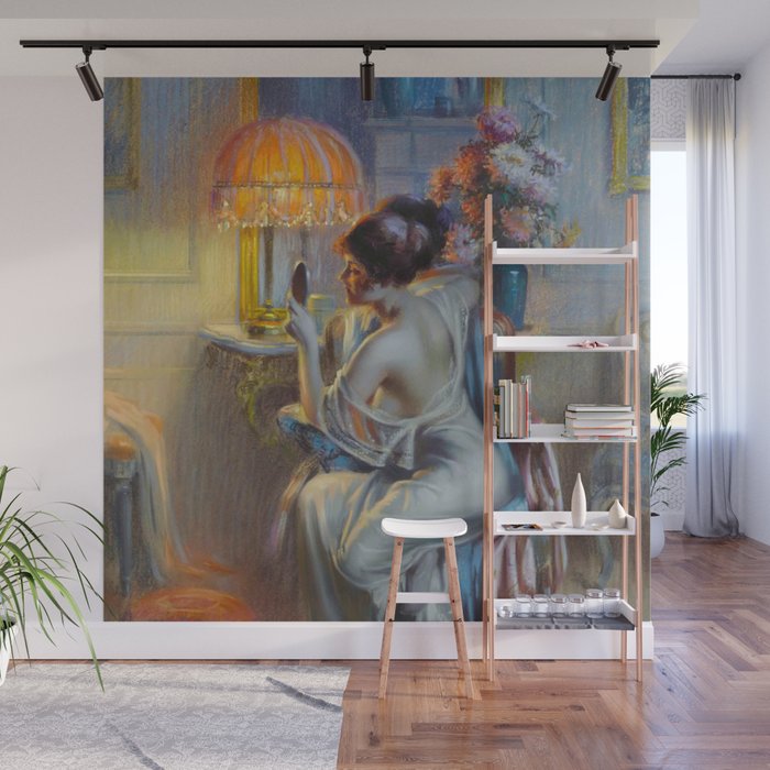 The looking glass colorful female portrait still life painting by Delphin Enjolras  Wall Mural Gallery Image 1