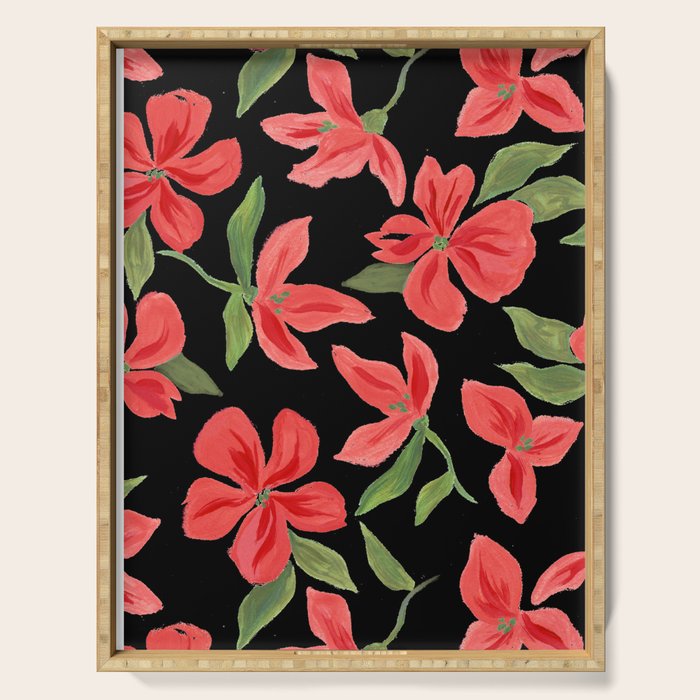 Red bold flowers in black background Serving Tray Gallery Image 1