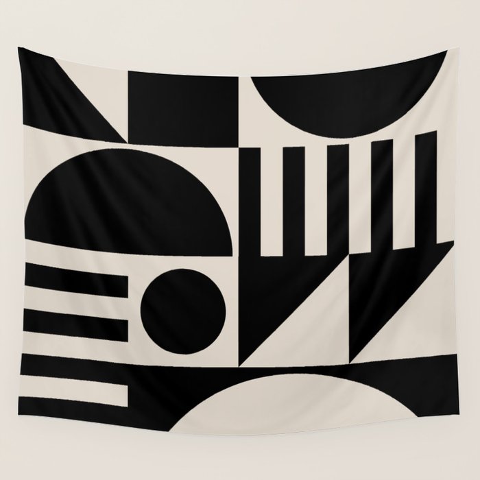 Mid Century Modern Geometric 936 Black and Linen White Wall Tapestry Gallery Image 4