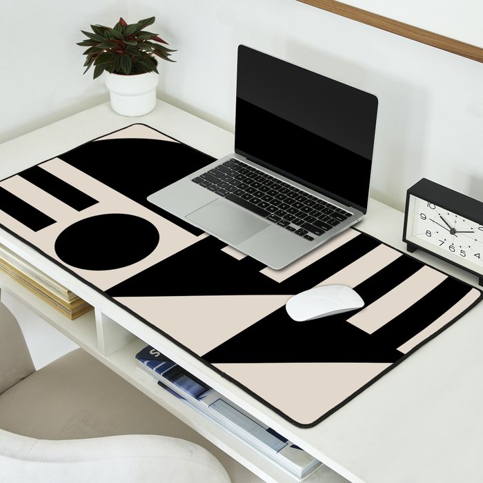Mid Century Modern Geometric 936 Black and Linen White Desk Mat Gallery Image 2