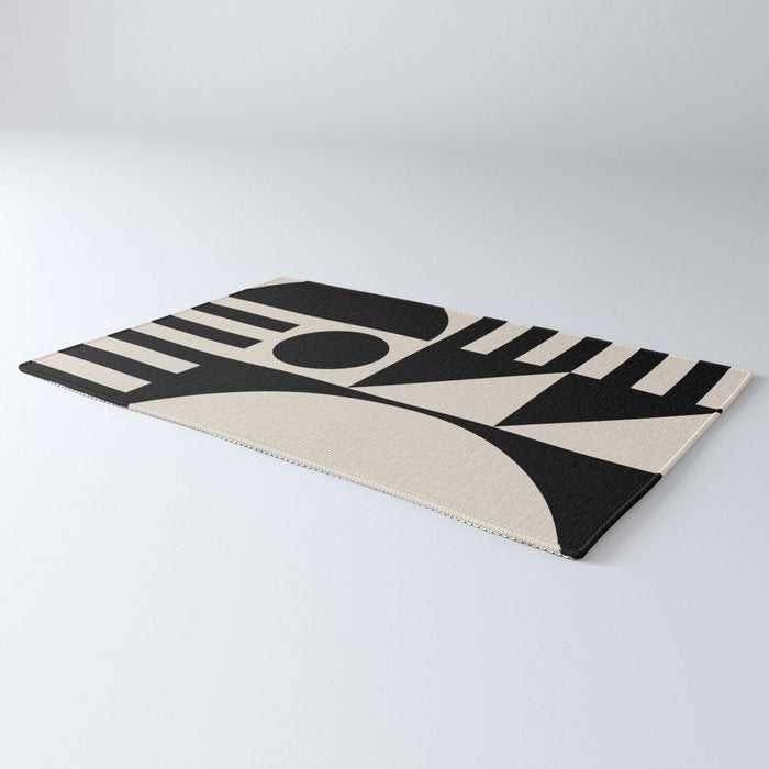 Mid Century Modern Geometric 936 Black and Linen White Rug Gallery Image 3