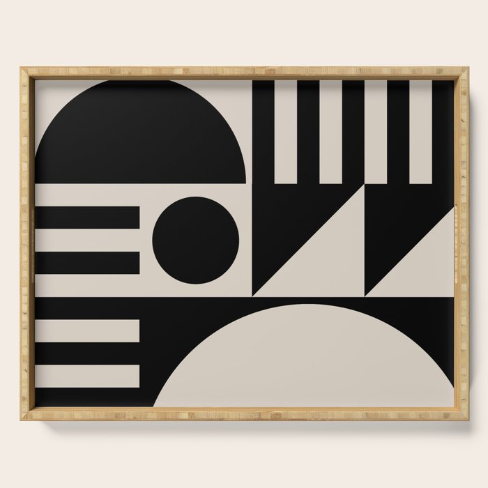 Mid Century Modern Geometric 936 Black and Linen White Serving Tray Gallery Image 1