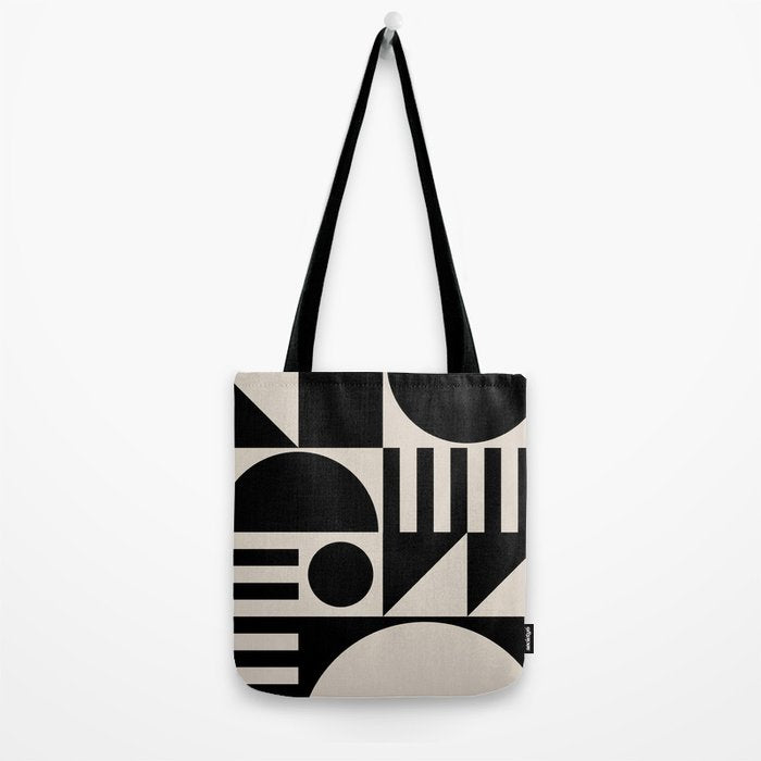 Mid Century Modern Geometric 936 Black and Linen White Tote Bag Gallery Image 2
