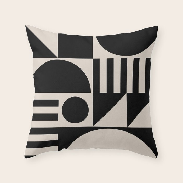 Mid Century Modern Geometric 936 Black and Linen White Throw Pillow Gallery Image 1