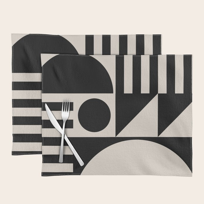 Mid Century Modern Geometric 936 Black and Linen White Placemat Gallery Image 1