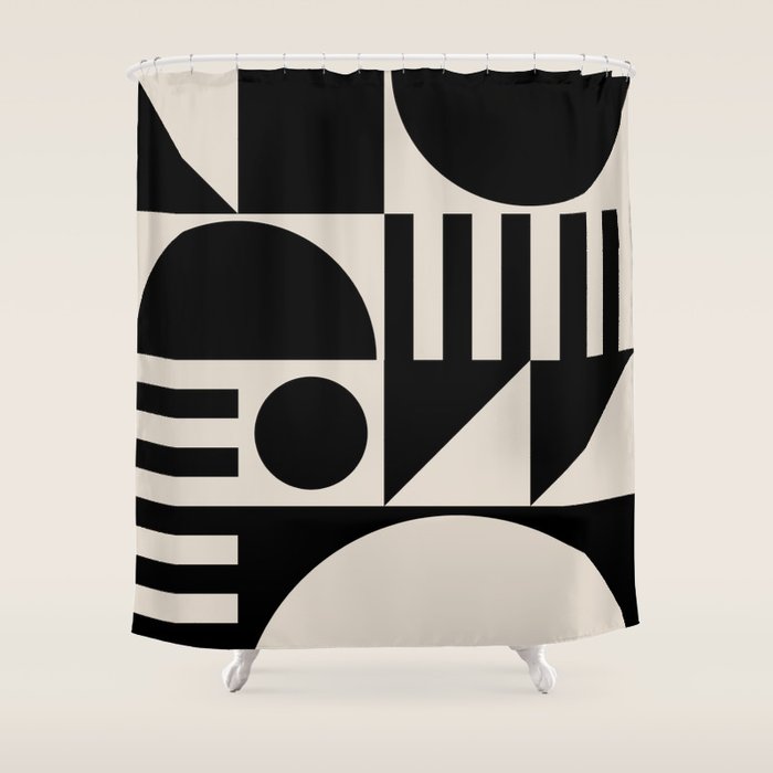 Mid Century Modern Geometric 936 Black and Linen White Shower Curtain Gallery Image 1