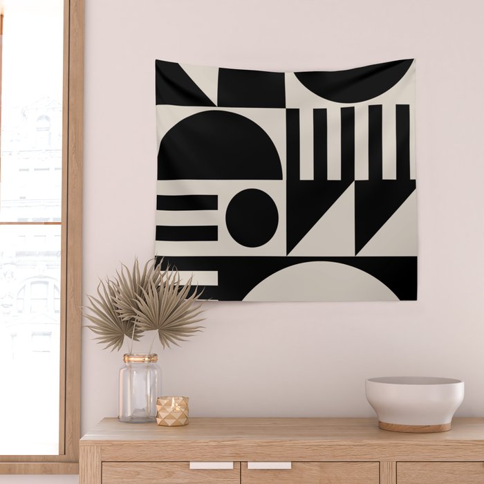 Mid Century Modern Geometric 936 Black and Linen White Wall Tapestry Gallery Image 2