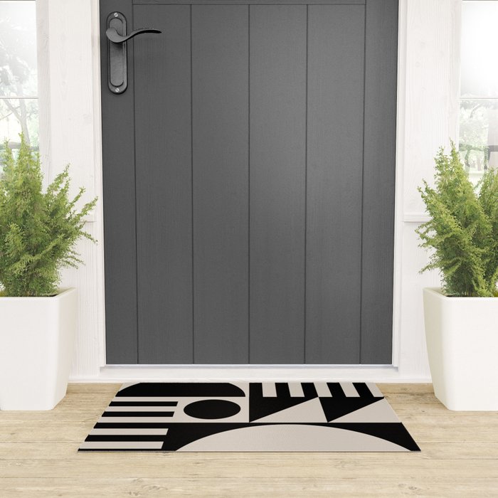 Mid Century Modern Geometric 936 Black and Linen White Welcome Mat Gallery Image 3