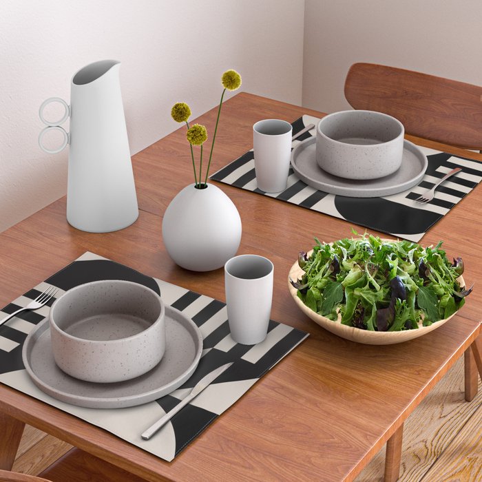 Mid Century Modern Geometric 936 Black and Linen White Placemat Gallery Image 2