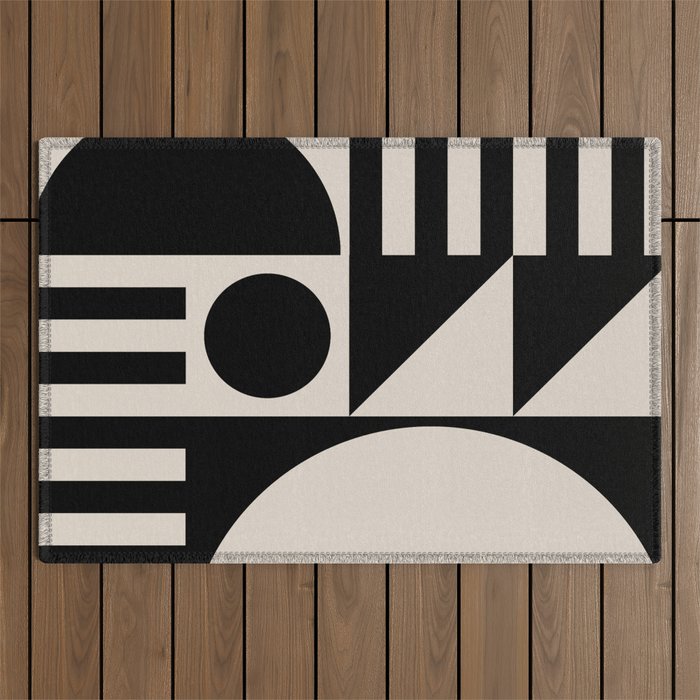 Mid Century Modern Geometric 936 Black and Linen White Outdoor Rug Gallery Image 1