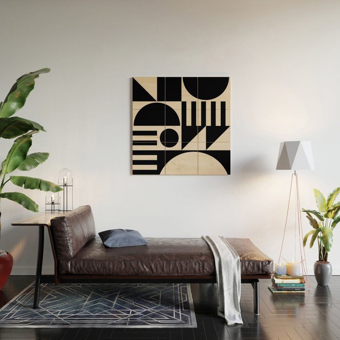 Mid Century Modern Geometric 936 Black and Linen White Wood Wall Art Gallery Image 2