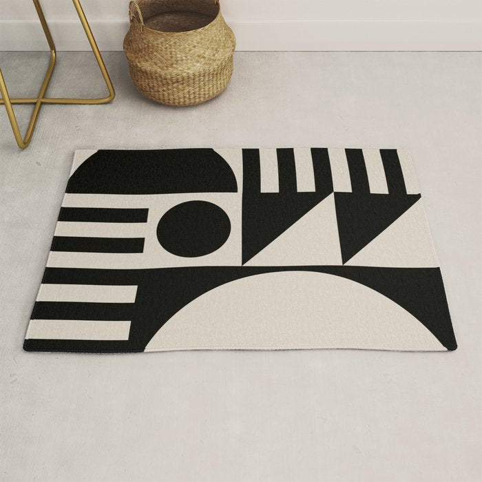 Mid Century Modern Geometric 936 Black and Linen White Rug Gallery Image 1