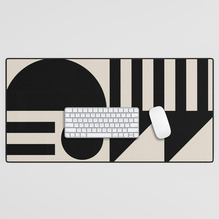 Mid Century Modern Geometric 936 Black and Linen White Desk Mat Gallery Image 1