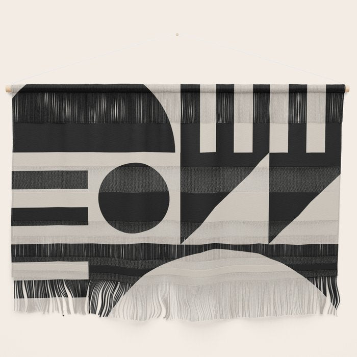 Mid Century Modern Geometric 936 Black and Linen White Wall Hanging Gallery Image 1