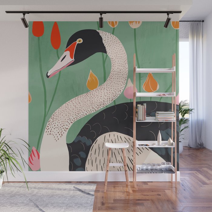 Swan in Flowers Wall Mural Gallery Image 1
