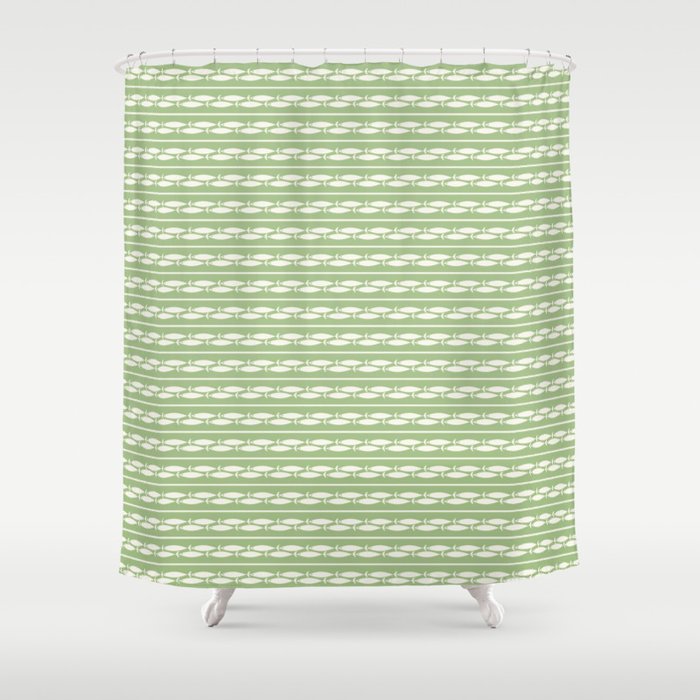 Little Fish Stripes Light Sage Green and Cream Coastal Pattern Shower Curtain Gallery Image 1