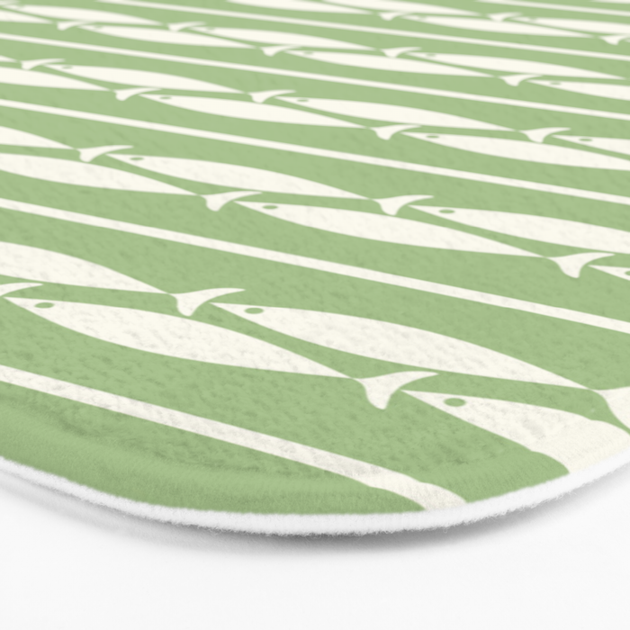 Little Fish Stripes Light Sage Green and Cream Coastal Pattern Bath Mat Gallery Image 3