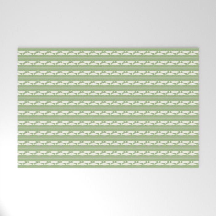 Little Fish Stripes Light Sage Green and Cream Coastal Pattern Welcome Mat Gallery Image 1
