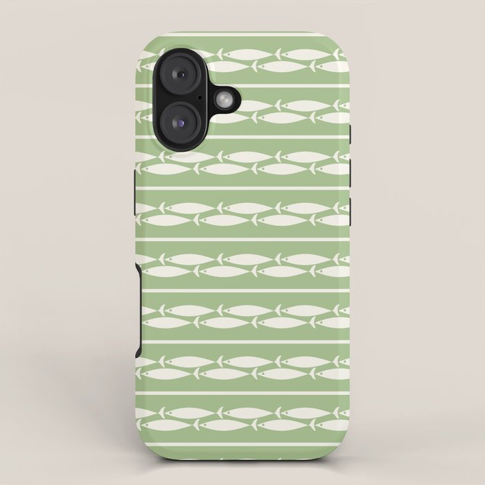 Little Fish Stripes Light Sage Green and Cream Coastal Pattern iPhone Case Gallery Image 1