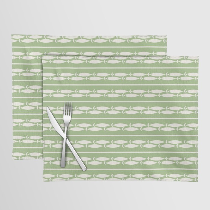 Little Fish Stripes Light Sage Green and Cream Coastal Pattern Placemat Gallery Image 1