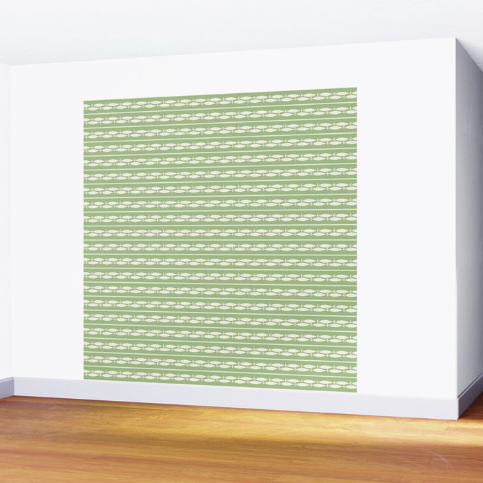 Little Fish Stripes Light Sage Green and Cream Coastal Pattern Wall Mural Gallery Image 2