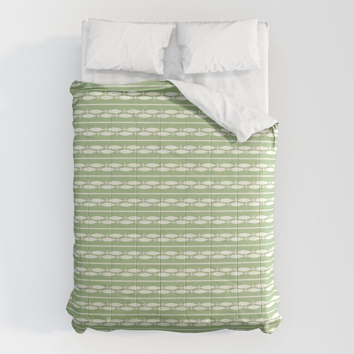 Little Fish Stripes Light Sage Green and Cream Coastal Pattern Comforter Gallery Image 1
