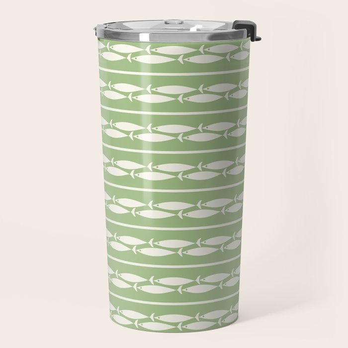Little Fish Stripes Light Sage Green and Cream Coastal Pattern Travel Mug Gallery Image 2