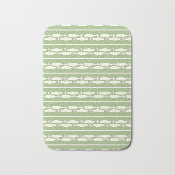 Little Fish Stripes Light Sage Green and Cream Coastal Pattern Bath Mat Gallery Image 1