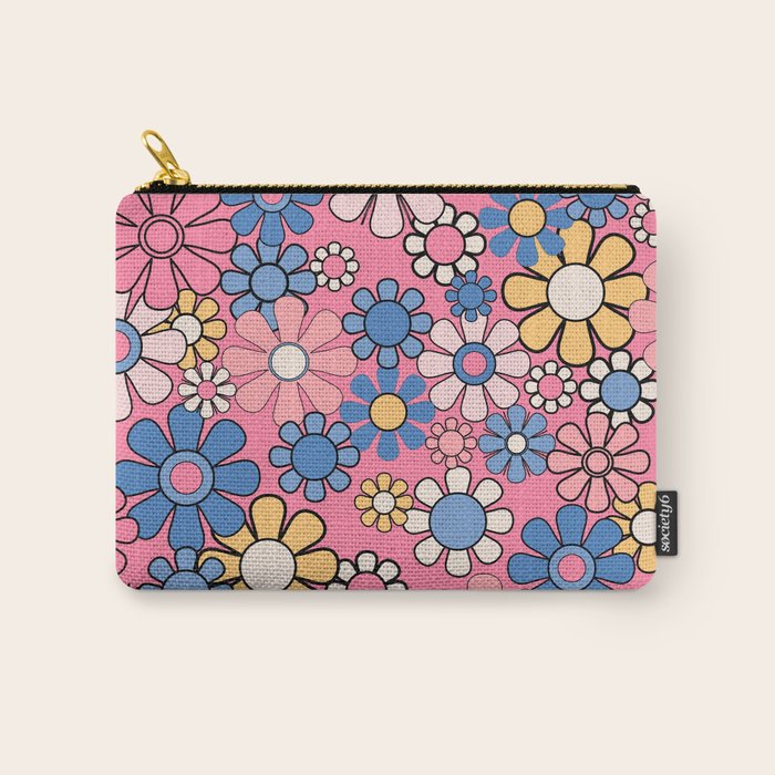 Groovy Floral Retro Garden 60s 70s Flower Pattern Pink Blue Yellow Carry All Pouch Gallery Image 1