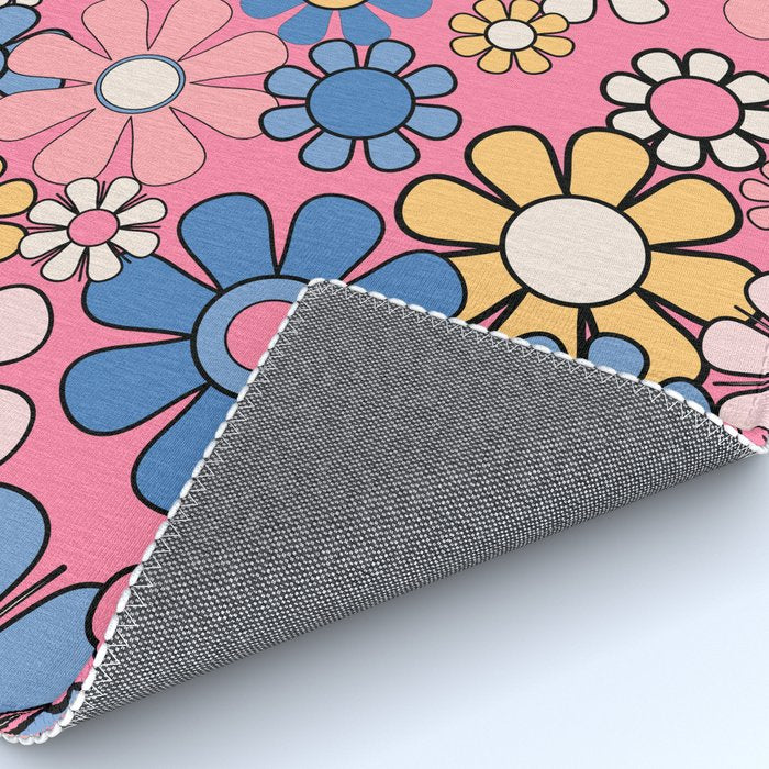 Groovy Floral Retro Garden 60s 70s Flower Pattern Pink Blue Yellow Rug Gallery Image 4