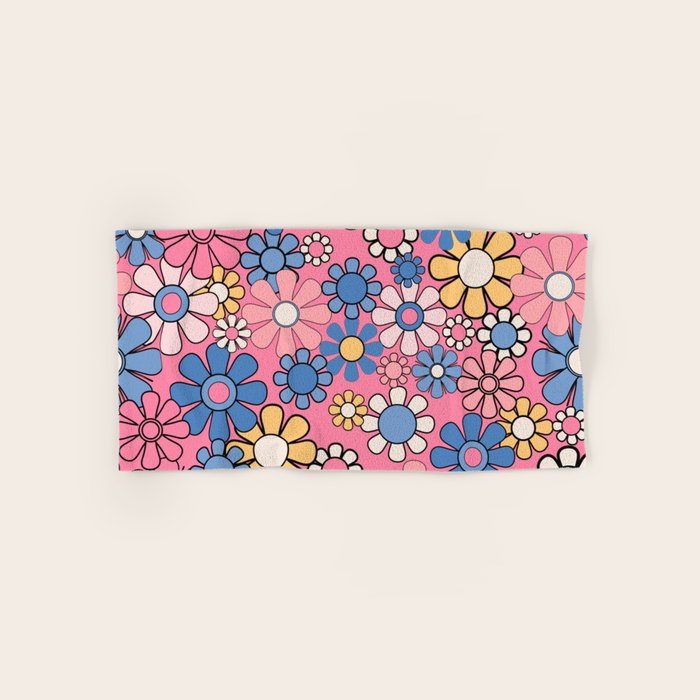 Groovy Floral Retro Garden 60s 70s Flower Pattern Pink Blue Yellow Bath Towel Gallery Image 1
