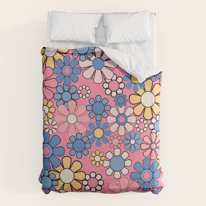 Groovy Floral Retro Garden 60s 70s Flower Pattern Pink Blue Yellow Duvet Cover Gallery Image 1