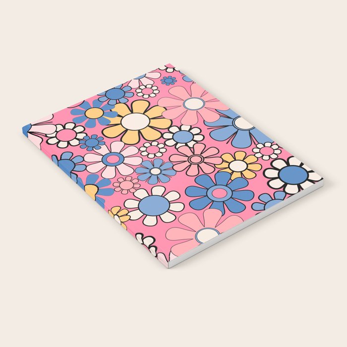 Groovy Floral Retro Garden 60s 70s Flower Pattern Pink Blue Yellow Notebook Gallery Image 1