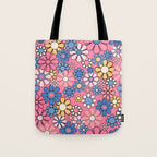 Groovy Floral Retro Garden 60s 70s Flower Pattern Pink Blue Yellow Tote Bag Gallery Image 1