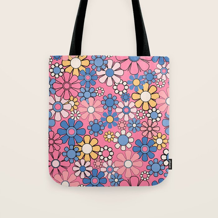 Groovy Floral Retro Garden 60s 70s Flower Pattern Pink Blue Yellow Tote Bag Gallery Image 1
