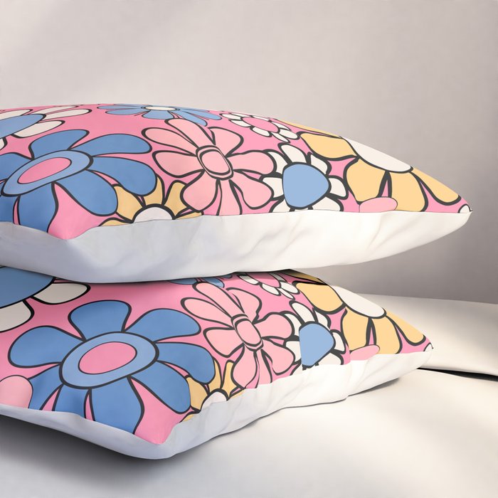 Groovy Floral Retro Garden 60s 70s Flower Pattern Pink Blue Yellow Pillow Sham Gallery Image 3