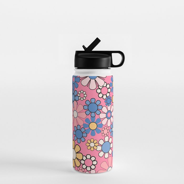 Groovy Floral Retro Garden 60s 70s Flower Pattern Pink Blue Yellow Water Bottle Gallery Image 1