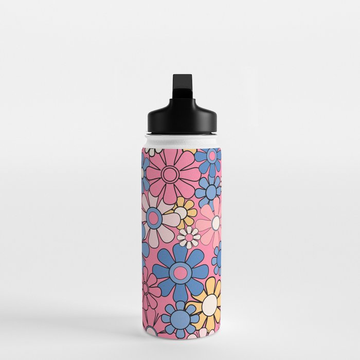 Groovy Floral Retro Garden 60s 70s Flower Pattern Pink Blue Yellow Water Bottle Gallery Image 3
