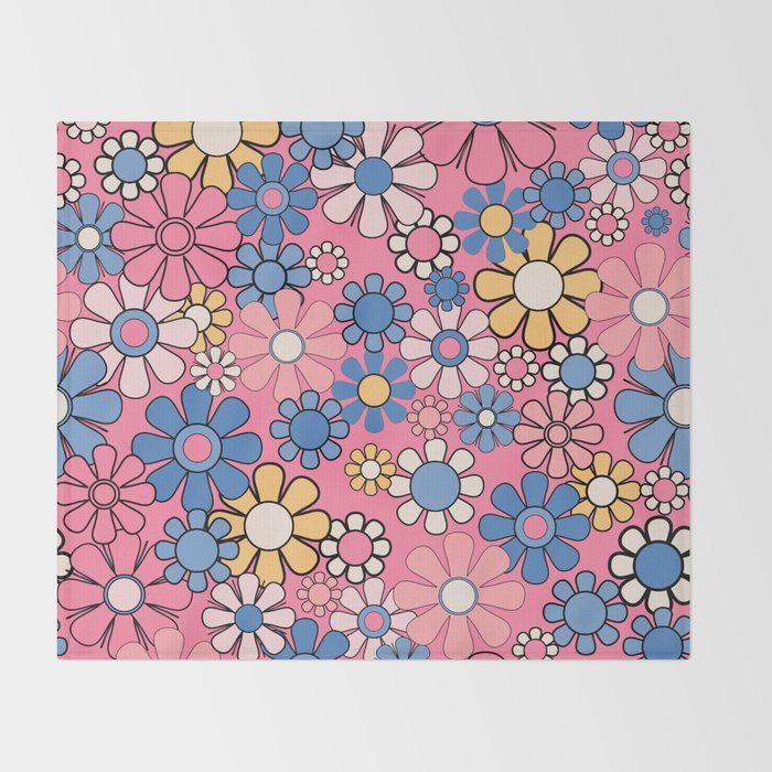 Groovy Floral Retro Garden 60s 70s Flower Pattern Pink Blue Yellow Throw Blanket Gallery Image 2