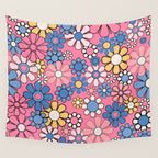 Groovy Floral Retro Garden 60s 70s Flower Pattern Pink Blue Yellow Wall Tapestry Gallery Image 4