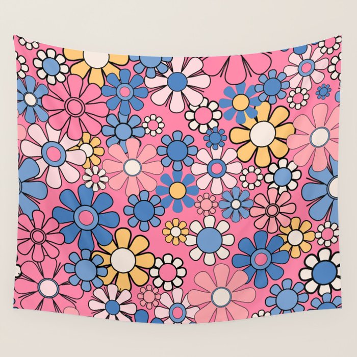 Groovy Floral Retro Garden 60s 70s Flower Pattern Pink Blue Yellow Wall Tapestry Gallery Image 4