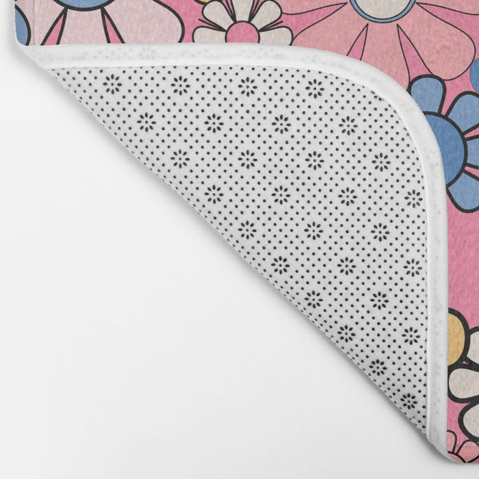 Groovy Floral Retro Garden 60s 70s Flower Pattern Pink Blue Yellow Bath Mat Gallery Image 2