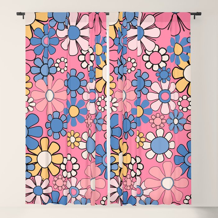 Groovy Floral Retro Garden 60s 70s Flower Pattern Pink Blue Yellow Window Curtain Gallery Image 1