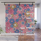 Groovy Floral Retro Garden 60s 70s Flower Pattern Pink Blue Yellow Wall Mural Gallery Image 1