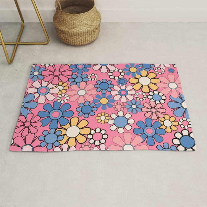 Groovy Floral Retro Garden 60s 70s Flower Pattern Pink Blue Yellow Rug Gallery Image 1