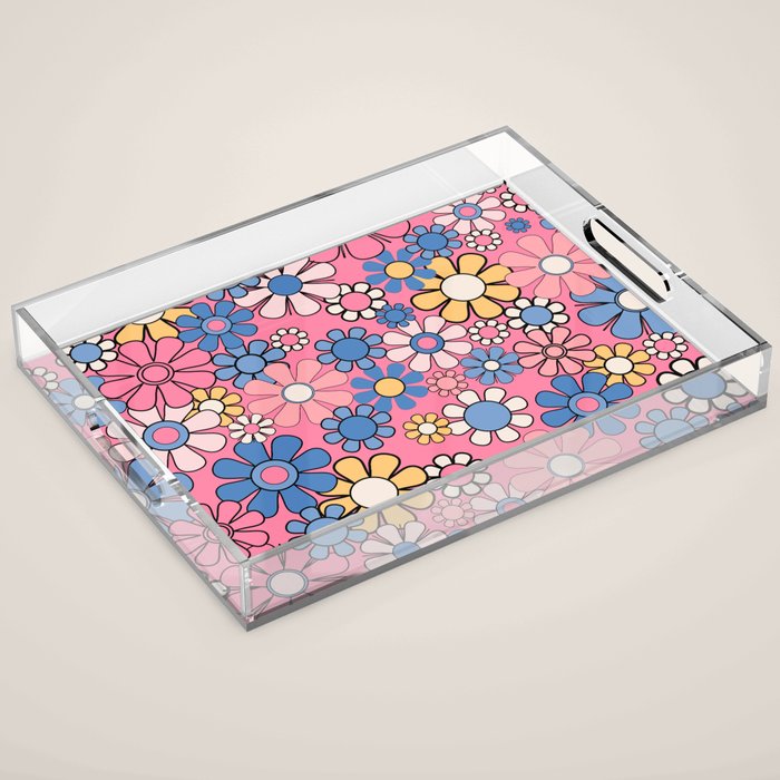 Groovy Floral Retro Garden 60s 70s Flower Pattern Pink Blue Yellow Acrylic Tray Gallery Image 1
