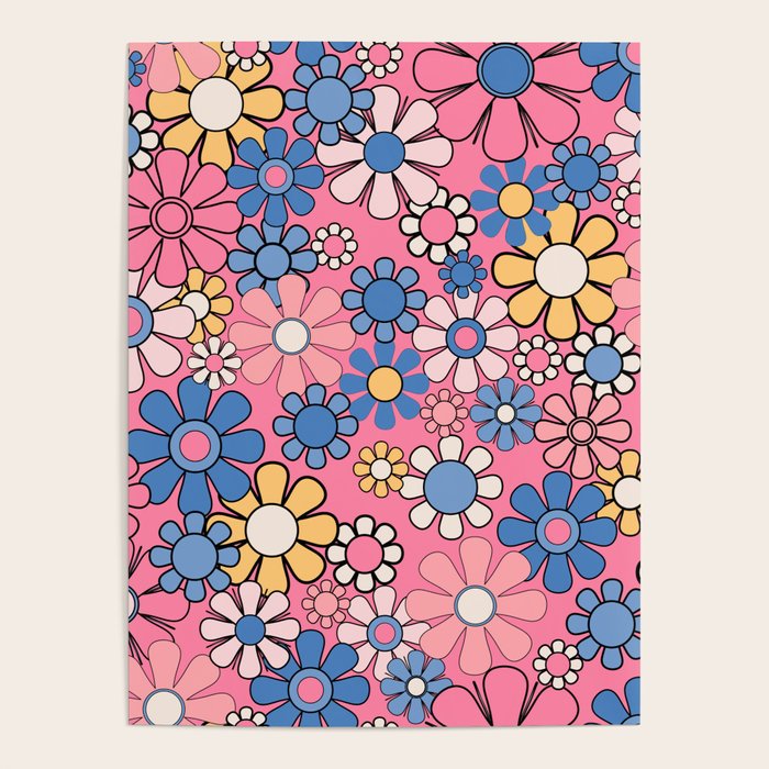 Groovy Floral Retro Garden 60s 70s Flower Pattern Pink Blue Yellow Poster Gallery Image 1