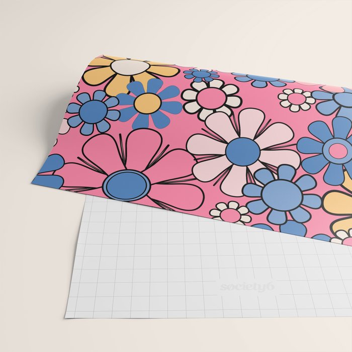Groovy Floral Retro Garden 60s 70s Flower Pattern Pink Blue Yellow Wrapping Paper Gallery Image 2